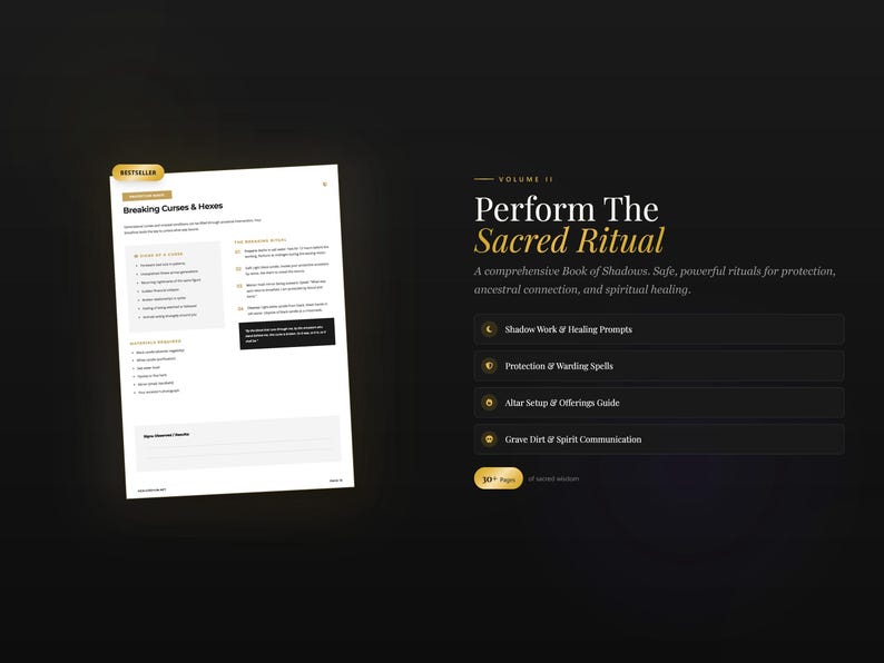 Peut inclure: Couverture de livre num&eacute;rique avec le titre "Perform The Sacred Ritual". La couverture pr&eacute;sente du texte sur le travail de l'ombre, les invites de gu&eacute;rison, les sorts de protection, la configuration de l'autel et la communication spirituelle. Le livre est un guide complet pour la protection et la gu&eacute;rison spirituelle.