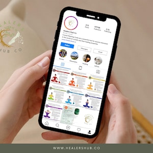 May include: A smartphone displays an Instagram profile for Healers Hub Co, showcasing Crystal Meaning Cards. The screen features colorful graphics of people in yoga poses, with text describing crystal properties. The profile logo includes a tree and a dove.
