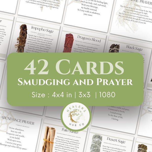 Smudging & Prayer Cards Set - Spiritual Cleansing Herbs Guide, Sacred Rituals, Inspiring Prayers, Personal Growth, Unique Gift Idea