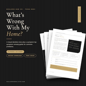 May include: A digital guide titled What's Wrong With My Home? featuring a visual decision-tree and symptom-by-symptom remedy guide. The document includes 34 pages and an A3 chart, presented in a black and white layout with gold accents.