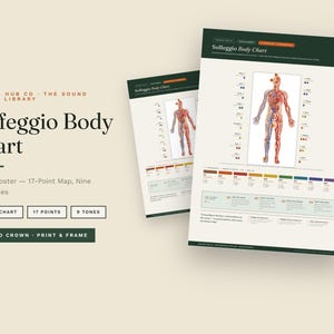 May include: Two A3 wall posters titled Solfeggio Body Chart by Healers Hub Co. The posters feature a human body diagram with 17 points, nine frequencies, and a color-coded legend. The design includes dark green headers, cream backgrounds, and text.