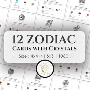 Zodiac Crystal Cards 1080, Set of 12 of Editable & Printable Astrology Cards, Zodiac Cards with Crystals, zodiac Birthstones, star sign card
