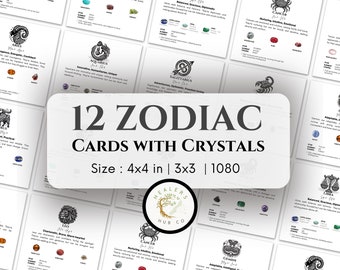 Zodiac Crystal Cards 1080, Set of 12 of Editable & Printable Astrology Cards, Zodiac Cards with Crystals, zodiac Birthstones, star sign card