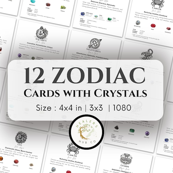 Zodiac Crystal Cards 1080, Set of 12 of Editable & Printable Astrology Cards, Zodiac Cards with Crystals, zodiac Birthstones, star sign card