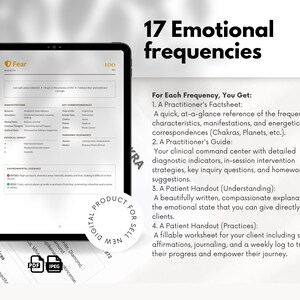 May include: A digital product displayed on a tablet screen, featuring information on "Fear" with a score of 100. The image includes text: "17 Emotional frequencies" and details on practitioner resources. The product is labeled "DIGITAL PRODUCT FOR SELL".