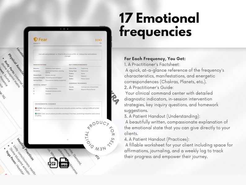 May include: A digital product displayed on a tablet screen, featuring information on "Fear" with a score of 100. The image includes text: "17 Emotional frequencies" and details on practitioner resources. The product is labeled "DIGITAL PRODUCT FOR SELL".