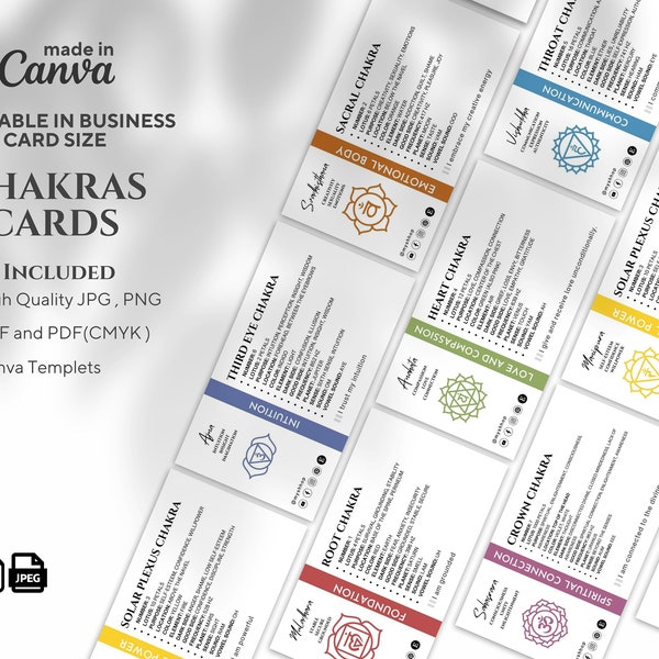 Chakra Card Set - Editable and Printable PDF & Canva Template , Business Card Size ,