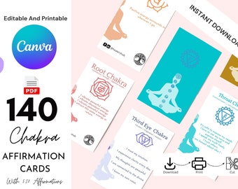 140 Tarjetas de Afirmación de Chakras: Editables e Imprimibles (Descarga Digital)