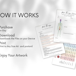 Op de afbeelding: Een printbare gids voor Reiki-sessies. De gids bevat een formulier voor het behandelplan van de klant, aantekeningen van de klant na de sessie op afstand en een tabel met chakra-informatie. De gids is ontworpen om Reiki-beoefenaars te helpen hun sessies te organiseren en de voortgang van de klant bij te houden.