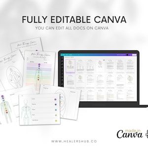 Op de afbeelding: Een laptopcomputer waarop een Canva-ontwerptemplate voor een Reiki-therapiesessie wordt weergegeven. De sjabloon bevat een chakra-kaart, een intakeformulier voor klanten en een pagina met sessienota's. Het ontwerp is minimalistisch met een witte achtergrond en zwarte tekst. De afbeelding bevat ook een logo voor "Healers Hub Co."