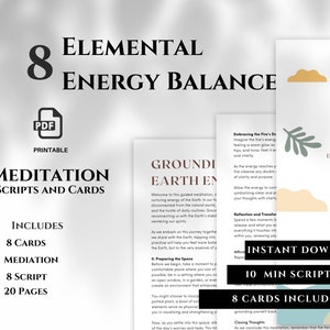 May include: Printable PDF download of 8 elemental energy balance meditation scripts and cards. The cover features a rainbow, clouds, and the text "8 Meditation Scripts, Elemental Energy Balance".