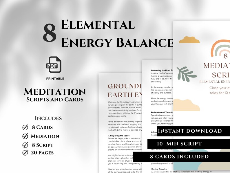 May include: Printable PDF download of 8 elemental energy balance meditation scripts and cards. The cover features a rainbow, clouds, and the text "8 Meditation Scripts, Elemental Energy Balance".