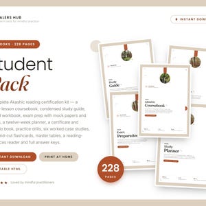 May include: A digital student pack for Akashic reading certification featuring twelve books totalling 228 pages. The set includes a coursebook, study guide, workbook, exam prep, planner, certificate, portfolio, drills, case studies, and flashcards.