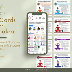May include: An image showcasing a collection of chakra cards with crystal benefits. The cards are displayed alongside a smartphone screen displaying an Instagram profile. The text on the cards and the phone screen provides information about the cards and their benefits. The image also includes the text "3 Cards per Chakra".
