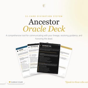 May include: An "Ancestor Oracle Deck" with a 52-card divination system. The image shows several cards with text, including "The Unnamed Ones" and "Libation." The deck is described as a tool for communicating with lineage and honouring the dead. The phrase "Speak to those who came before" is also visible.