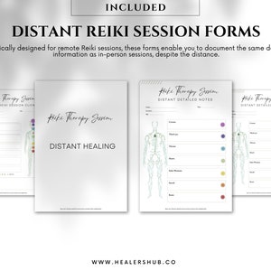 Op de afbeelding: Vier printbare formulieren voor Reiki-sessies op afstand. De formulieren omvatten een ​​intakeformulier voor de klant, een formulier voor heling op afstand en twee formulieren met gedetailleerde notities. Elk formulier toont een gestileerde menselijke figuur met chakra-punten die in kleur zijn gemarkeerd.