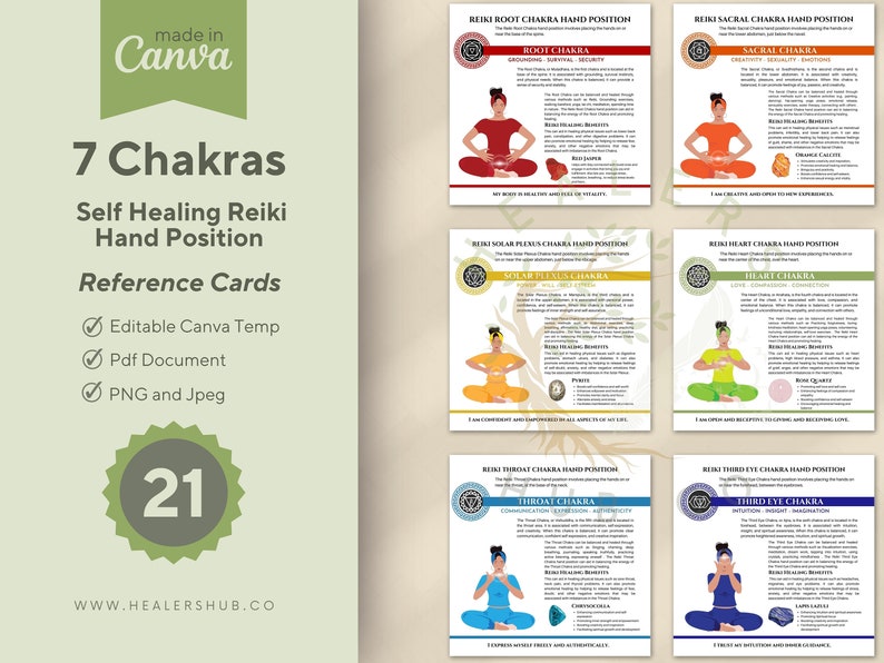 May include: A set of seven reference cards for self-healing Reiki hand positions, featuring illustrations of each chakra and its associated benefits. The cards are designed with a clean layout and include the text "7 Chakras" and "Reference Cards".