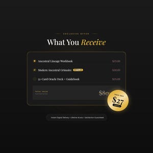 Peut inclure: Image sombre avec du texte dor&eacute;. Il pr&eacute;sente une offre exclusive avec "Ce que vous recevez", une liste de produits : un cahier d'exercices, un grimoire et un jeu de cartes Oracle. Un cercle dor&eacute; indique "Aujourd'hui seulement 27$".