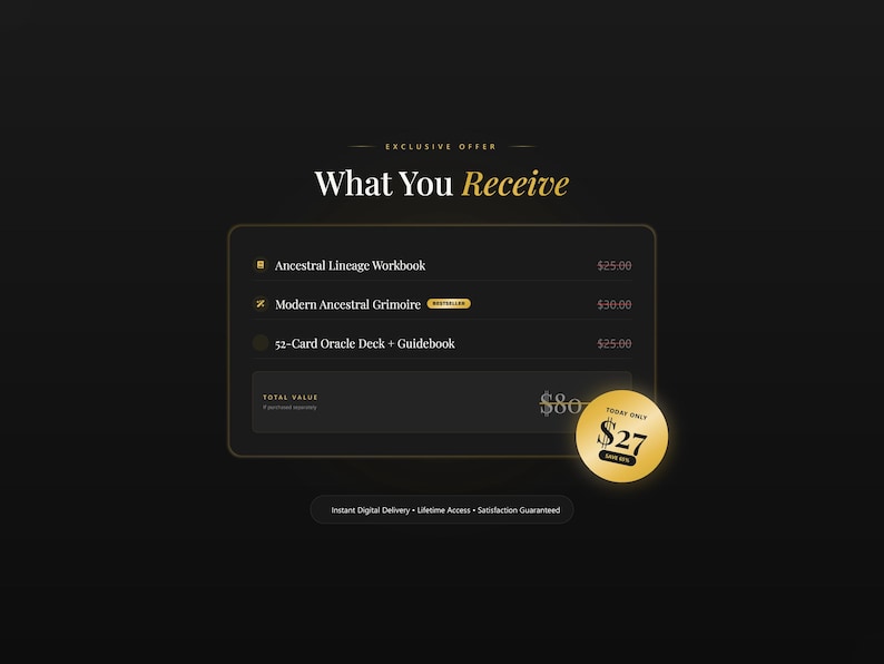 Peut inclure: Image sombre avec du texte dor&eacute;. Il pr&eacute;sente une offre exclusive avec "Ce que vous recevez", une liste de produits : un cahier d'exercices, un grimoire et un jeu de cartes Oracle. Un cercle dor&eacute; indique "Aujourd'hui seulement 27$".