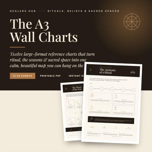 May include: A set of twelve A3 wall charts titled Healers Hub Rituals, Beliefs & Sacred Spaces. The charts feature black and cream backgrounds with white text, including The Anatomy of a Ritual and The Wheel of the Year, presented as printable PDF documents.