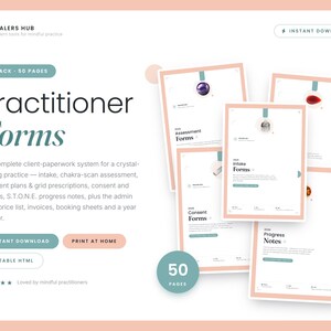 May include: A digital 50-page practitioner forms pack from Healers Hub featuring intake, assessment, consent, and progress notes. The document set includes a year planner, price list, and invoices with a peach and teal colour scheme.