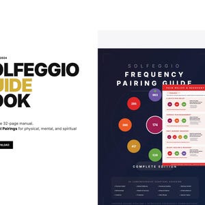 Puede incluir: Una Guía Solfeggio con el texto "SOLFEGGIO GUIDE BOOK" en negro y dorado. La guía es un manual de 32 páginas con más de 100 combinaciones clínicas para la curación física, mental y espiritual. También se muestra una Guía de Emparejamiento de Frecuencias.