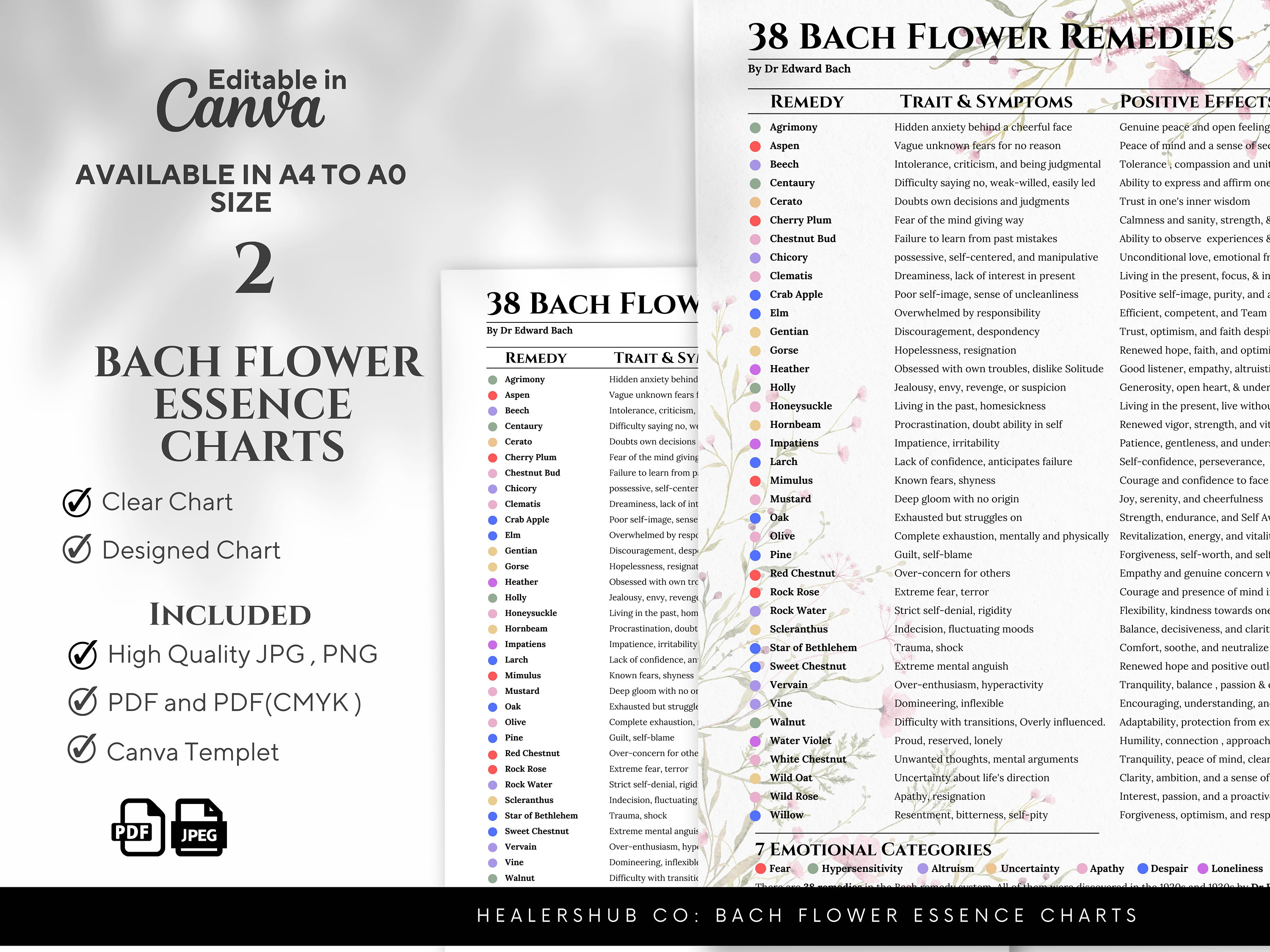 Bach Flower Essence Charts Digital Download, Healing Traits, Emotional