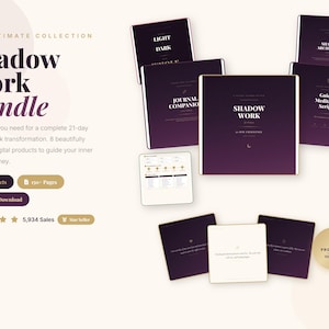 May include: A digital product bundle titled "Shadow Work Bundle" with a dark purple and gold design. The bundle includes 8 products and over 150 pages, designed to guide inner healing. The text includes "The Ultimate Collection" and "Instant Download."