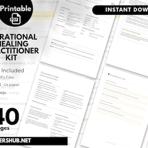May include: A digital download titled "Vibrational Healing Practitioner Kit" with 140 pages. The image includes PDF files, A4 and US paper options, and JPEGs. The kit is for spiritual healing and includes a printable PDF.