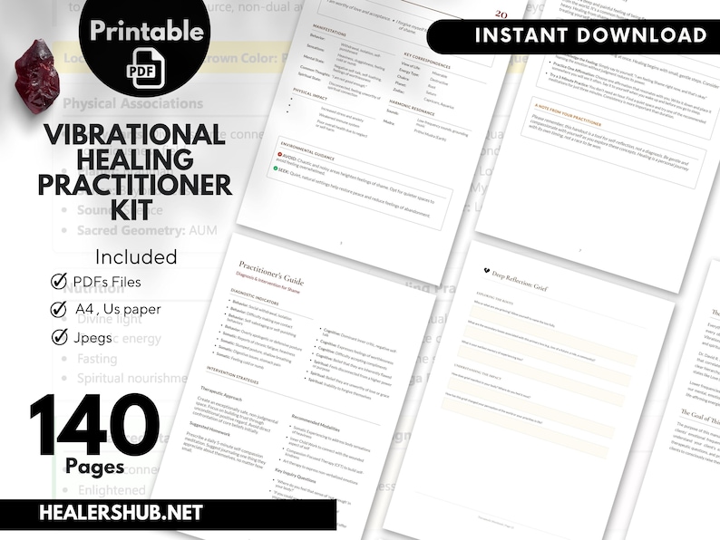 May include: A digital download titled "Vibrational Healing Practitioner Kit" with 140 pages. The image includes PDF files, A4 and US paper options, and JPEGs. The kit is for spiritual healing and includes a printable PDF.