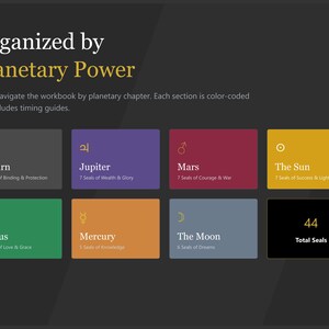 May include: A graphic with the title "Organized by Planetary Power" and color-coded sections for Saturn, Jupiter, Mars, The Sun, Venus, Mercury, and The Moon. Each section lists the number of seals and a brief description.