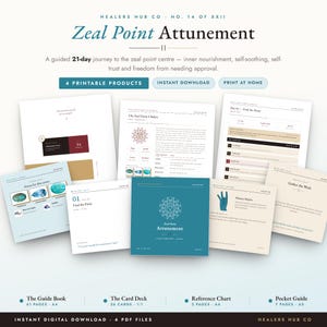 Puede incluir: Una colección digital titulada Zeal Point Attunement de Healers Hub Co. incluye una guía de 61 páginas A4, un mazo de 26 cartas, una tabla de referencia de 2 páginas A4 y una guía de bolsillo de 7 páginas A5 con diseños en azul cerceta y crema.