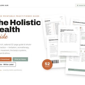 Könnte beinhalten: Ein 52-seitiger, ausdruckbarer Praxisleitfaden mit dem Titel The Holistic Health Guide von Healers Hub. Das Dokument enthält Abschnitte zu Kräuterkunde, Aromatherapie, Ernährung und Körpersystemen, dargestellt in einem klaren Layout mit Text und Tabellen.