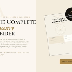 以下が含まれることがあります： 「The Complete Ancestry Binder」というタイトルの24ページの記入式系譜ワークブック。家系図、ファンチャート、家族グループシート、重要記録、DNAトラッカーが含まれています。A4およびUSレターサイズで、記入可能なPDF形式で提供されています。