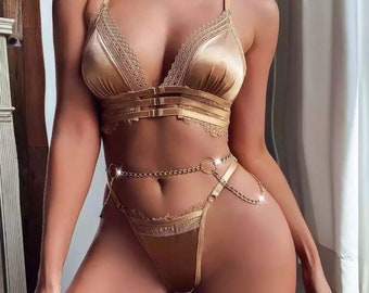 Gold Silk Bralette Set, Silk Satin Bra,  Intimates Classy Lingerie, Designer Quality