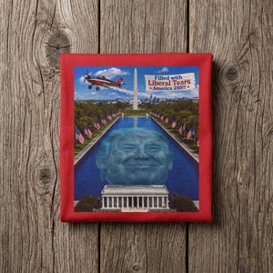 Può includere: Una t-shirt rossa con una stampa grafica del Washington Monument e del Lincoln Memorial, con un grande volto blu nella vasca riflettente. Un aereo traina uno striscione con la scritta: Filled with Liberal Tears America 250!!!