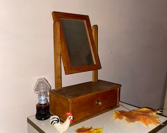 Vintage small wooden dressing table in rustic style; Dresser with mirror