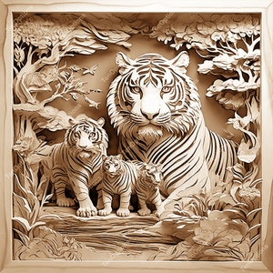Laser Burn PNG, Wildlife Laser Engrave Png, Lightburn File, 3D Illusion Laser Engraving Files, Co2 Laser Burn Files Tiger Family in Forest