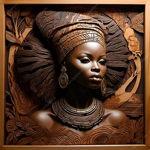 May include: A carved wooden portrait of a woman with a dark brown head wrap, large gold earrings, and a layered gold necklace. The background is carved with intricate floral designs.