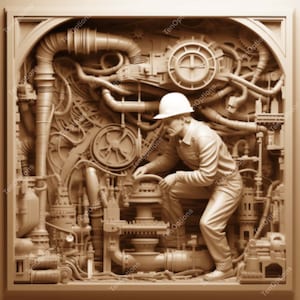 Puede incluir: Un trabajador con un casco blanco está trabajando en un complejo sistema de tuberías y engranajes. El trabajador lleva un casco blanco y un mono marrón. El sistema está hecho de metal y tiene muchos detalles intrincados. La imagen está en tonos sepia.
