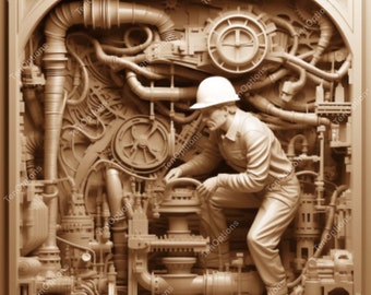 Laserbranden PNG, lasergraveren png, Lightburn-bestand, 3D-illusie lasergravure digitaal ontwerp direct downloaden, Engineer Worker V2