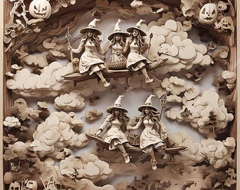 Halloween Witches 3D Illusion Laser Engraving File, Laser Burn PNG, xTool, Glowforge, Sculpfun File