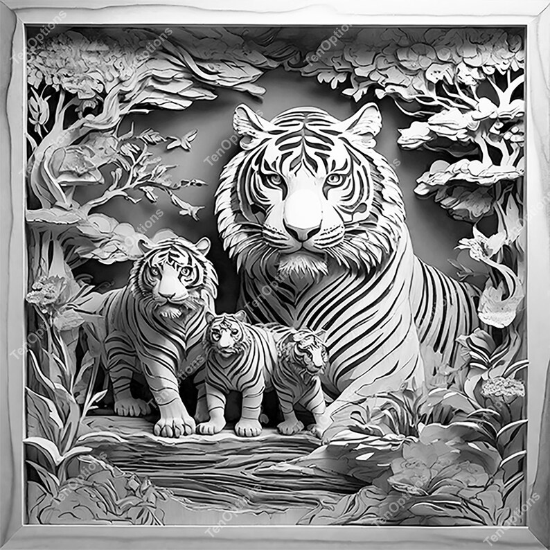Laser Burn PNG, Wildlife Laser Engrave Png, Lightburn File, 3D Illusion Laser Engraving Files, Co2 Laser Burn Files Tiger Family in Forest