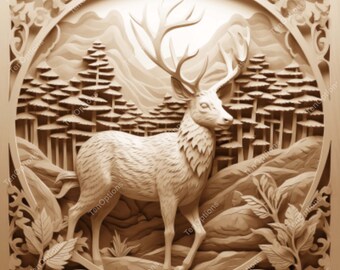 May include: A detailed wood carving of a deer standing in a forest setting. The deer has large antlers and is surrounded by trees and mountains. The carving is done in a realistic style and has a warm, natural color.