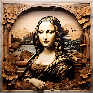 Op de afbeelding: Een houten beeldhouwwerk van de Mona Lisa, met een gedetailleerde achtergrond van een landschap met bergen en water. Het beeldhouwwerk is geschilderd in tinten bruin en goud.
