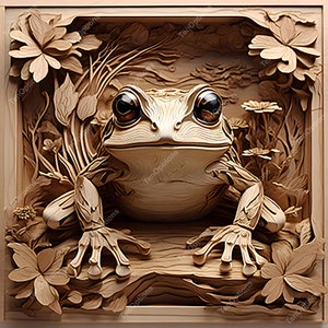 May include: A detailed wood carving of a frog sitting on a log surrounded by flowers. The frog is carved in a realistic style with intricate details on its skin and eyes.