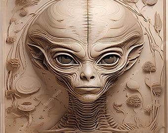 May include: A detailed, carved wooden sculpture of an alien's face. The sculpture is in a light brown color and has a textured surface. The alien has large, almond-shaped eyes and a small mouth.