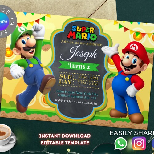 Super Mario Birthday Invitation Digital Card Printable - Etsy