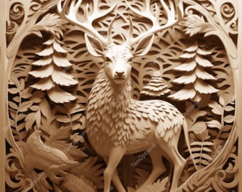 May include: A detailed wood carving of a deer standing in a forest setting. The deer is carved in a realistic style with intricate details on its antlers, fur, and hooves. The forest background is also carved with trees, leaves, and other foliage.