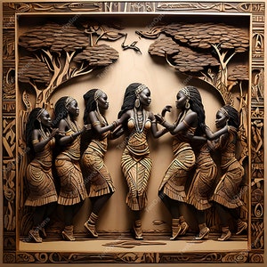 Puede incluir: Una talla de madera de seis mujeres con vestimenta tradicional africana, de pie en círculo y tomándose de las manos. La talla es detallada e intrincada, con una representación realista de los rasgos y la vestimenta de las mujeres. El fondo es una simple veta de madera.